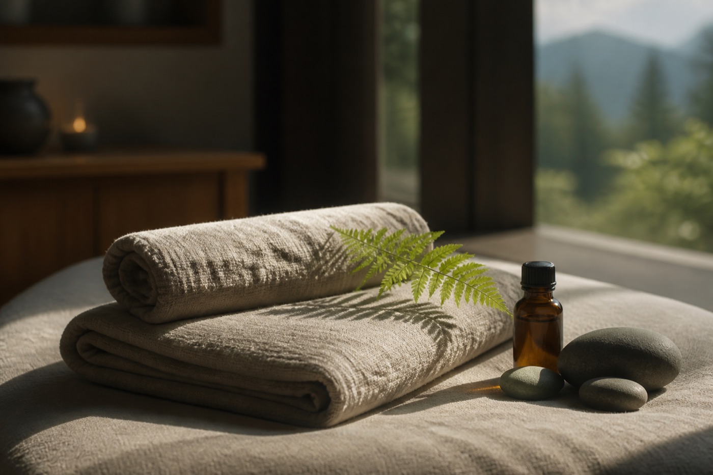Linen, cedar oil, and stones in the treatment room